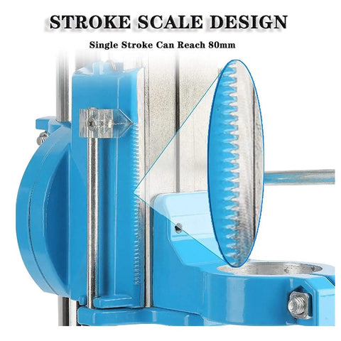 Close-up of Heavy-Duty Drill Press Stand With 90 Degree Rotatable Base and 80mm Stroke design with stroke scale for precision woodworking.