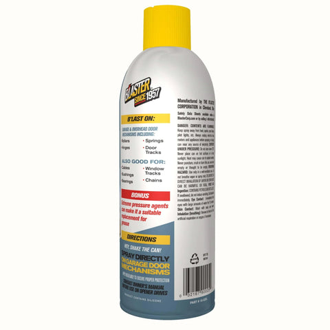 Side view of Silicone Garage Door Lubricant Spray For Smoother Quieter Operation On Tracks Rollers And Hinges Will Not Attract Dust Or Dirt Tack Free Formula Reduces Friction And Noise So Your Door Roars Less And Moves Smoothly 9.3 Oz Case Of 12 with instructions and yellow cap.