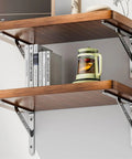 Two Pack Wall Mounted Stainless Steel Brackets With Triangular Structure Heavy Duty Shelf Brackets supporting wooden shelves.