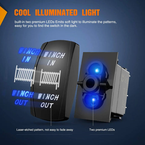 Illuminated Momentary Laser 7 Pin DPDT Rocker Switch Kit For Heavy Duty Winch Wiring Harness with LED lights shown