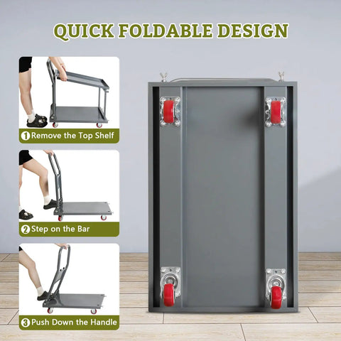Heavy Duty Foldable Push Cart Dolly With Wheels 800 Lbs Load Capacity Two Tier Platform Truck For Garage Warehouse And Workshop Durable Steel Frame Foldable Design For Easy Storage, folded view