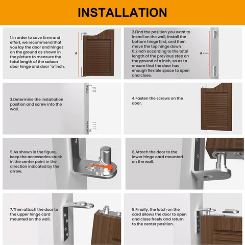 Taluokong saloon door hinges installation views collage; 304 stainless steel, 50–110 lb load.
