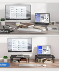 Before and after setup using Dual Monitor Desk Stand With Height Adjustable Riser Laptop And Monitor Stand For Two Screens 14.5 By 9.1 Platform Under Desk Storage Black Two Pack Ergonomic Setup on a wooden desk, showing improved organization and elevation.