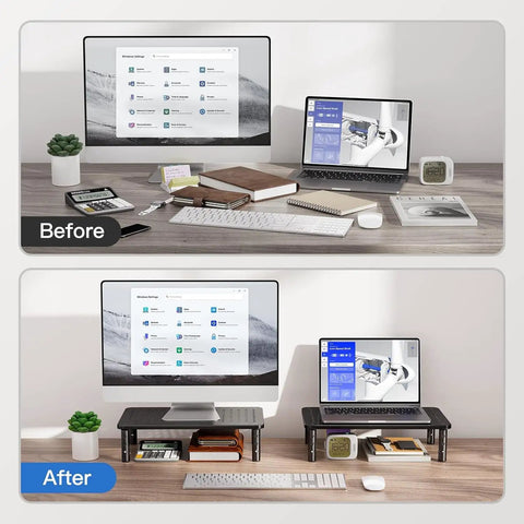 Before and after setup using Dual Monitor Desk Stand With Height Adjustable Riser Laptop And Monitor Stand For Two Screens 14.5 By 9.1 Platform Under Desk Storage Black Two Pack Ergonomic Setup on a wooden desk, showing improved organization and elevation.