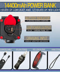Rechargeable Spotlight With 14400mAh Battery showing USB port, red lens, and accessories including charger cable, strap, and adapter
