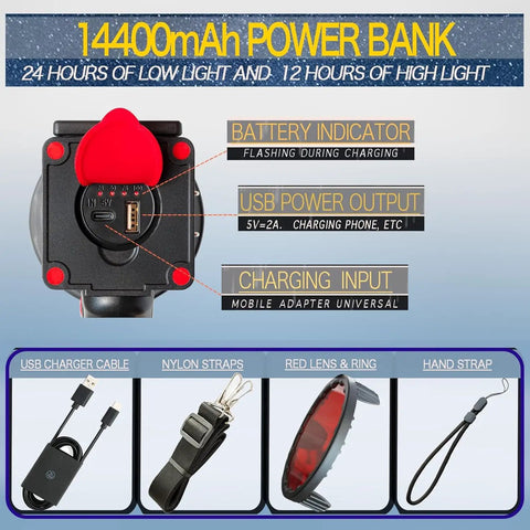 Rechargeable Spotlight With 14400mAh Battery showing USB port, red lens, and accessories including charger cable, strap, and adapter