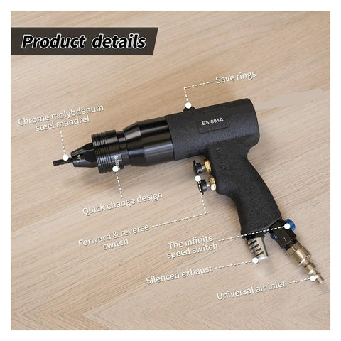 Powerful Pneumatic Air Rivet Gun For Blind Riveting And Rivnut Pull Nuts with labeled features on a wooden surface