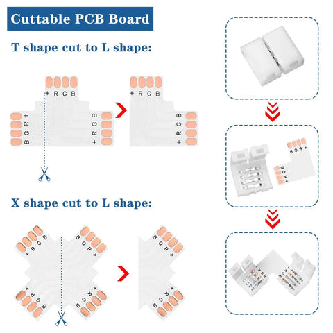 Cuttable PCB board transforming from T to L and X to L shapes. Part of 4 Pin LED Strip Connectors Set with Screw Clips Cuttable.
