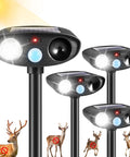 Deer Repellent Pack 4 With Solar Powered Ultrasonic Motion Sensor and LED Flashlight IP65 Waterproof Cat and Rabbit Deterrent for Outdoor Gardens and Yard No Go Zone Keeps Flowers Safe From Browsing Deer and Wildlife, 4-pack black stake units