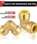 Six Pack Push Fit One Half Inch Elbow Fittings For Pex Copper CPVC with Disconnect Clip, brass, 200 PSI, 200°F, side view