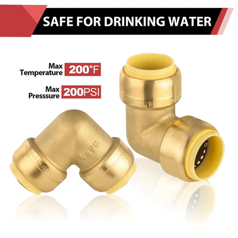 100 Pack 3/4 Inch DZR Brass Push Fit Elbow Fittings For Pex Copper CPVC Pipe with yellow insert, max temp 200°F, safe for drinking water.