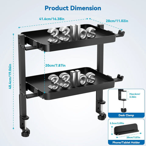 Clamp On Desk Organizer 2 Tier Above Or Under Desk Shelves With Large Capacity Tray Space Saving Phone And Tablet Holder
