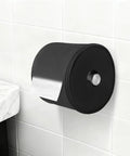 Full Enclosure Toilet Paper Holder Keeps Your Roll Safe From Hairy Paws And Chewy Jaws Anti Tear Pet Proof Bathroom Storage Hella Tough Dust Moisture Resistant Cover mounting on wall with visible roll.