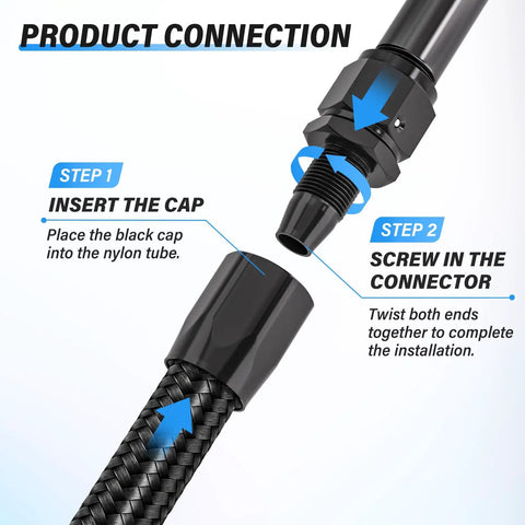 Heavy Duty 4AN Fuel Line Kit Measuring 20 Feet Long Features Nylon Braided Design With 304 Steel Reinforcement, connector close-up