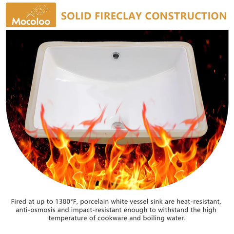 Undermount 21x14 Inch White Ceramic Bathroom Sink with fire, showcasing porcelain under-counter lavatory basin's heat resistance.