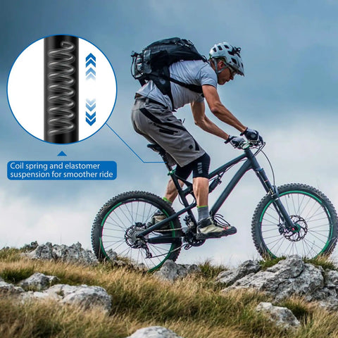 Mountain biker using Coil Spring Suspension Seatpost 31.6x350mm For MTB BMX E Bike With Headless Design on rocky trail