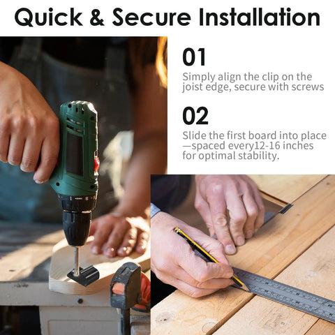 Heavy Duty Stainless Steel Starter Deck Clips With Universal Hidden Fasteners For Composite Decking Includes Screws And Torx Bits installation process with drill and measuring tools.