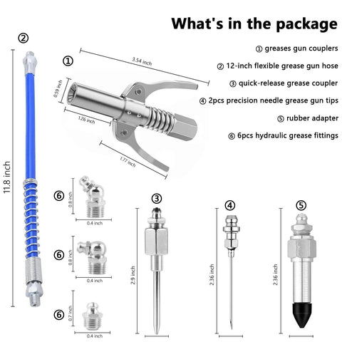 Pro Grade All In One Grease Gun Accessories Kit with 12 Inch Flexible Hose, needle nozzles, quick release coupler, hydraulic fittings