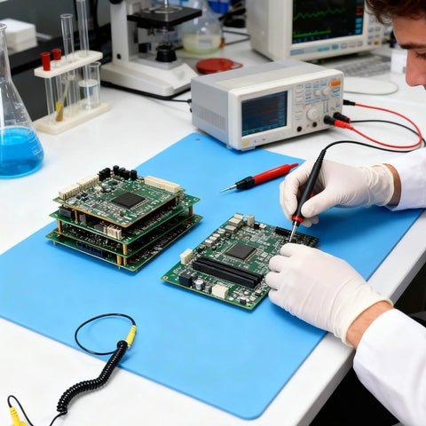 Fabater anti-static rubber ESD mat on blue workstation for electronics repair; technician soldering PCB.