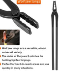 Heavy Duty Forge Day Essentials Four Pack Knife Making Tongs Set with Wolf Jaw Tongs for precise clamping in blacksmithing