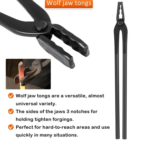 Heavy Duty Forge Day Essentials Four Pack Knife Making Tongs Set with Wolf Jaw Tongs for precise clamping in blacksmithing