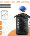 Travel Laundry Organizer Bag, Waterproof And Odor Resistant, shown with smellproof and leakproof features, large black tote.
