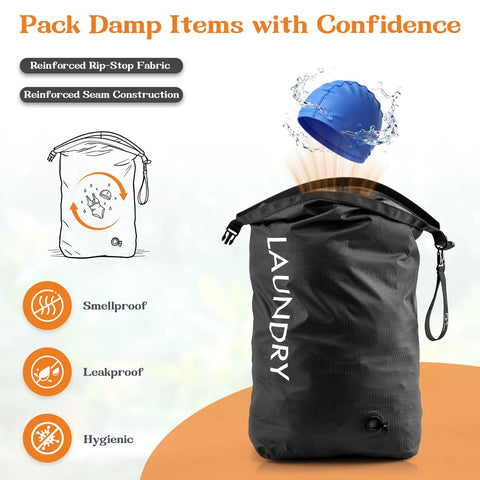 Travel Laundry Organizer Bag, Waterproof And Odor Resistant, shown with smellproof and leakproof features, large black tote.