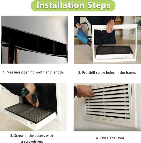 Installation steps for Removable 24 Inch White Air Vent Grille Cover With Mesh Louvered Access Panel Service Door.