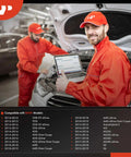 Technician in red uniform checks BMW engine with laptop, showcasing Premium Engine Electric Water Pump Compatible With Bmw F30 F32 328i 335i Xdrive Cooling System Replacement Direct Bolt On Zero Hassle Quick Swap Drive Ready.