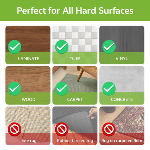 Various flooring types showing surfaces compatible with Double Sided Carpet Tape For Rug Security And Easy Removal Keeps Rugs In Place.