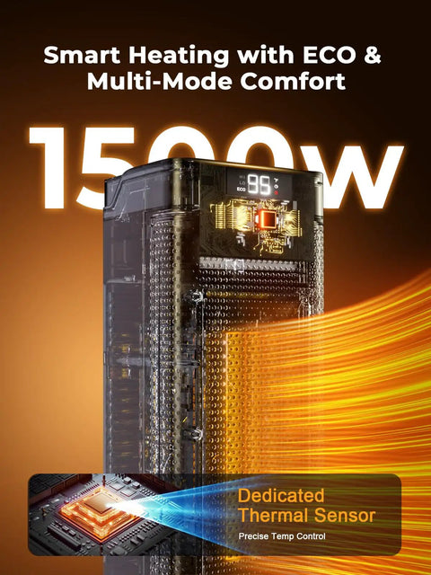 Indoor Space Heater 1500W Portable With Remote And Thermostat, highlighting smart heating and dedicated thermal sensor.