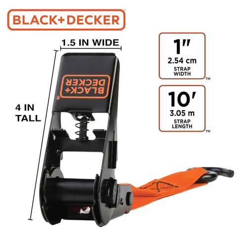 Top Shelf Ratchet Tie Down Straps 1 Inch By 10 Feet 4 Pack No Sweat Truck Cargo Lashing Kit All Weather Polyester shown with dimensions.