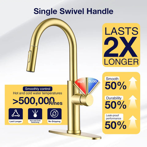 TOYWIA Kitchen Faucets with Pull Down Sprayer, High Arc Single Handle Classic Stainless Steel Sink Faucet 1 or 3 Hole, Suitable for Farmhouse Camper Laundry Rv Bar, Gold with single swivel handle
