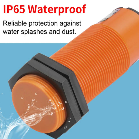 Close-up of SZC M30 capacitive proximity sensor switch, orange housing, IP65 waterproof, showing water resistance in use.