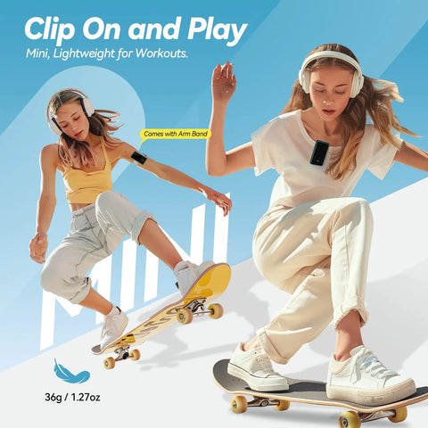 Women skateboarding wearing Clip On 64GB MP3 Player With Bluetooth 5.3 FM Radio And Voice Recorder Up To 128GB With Micro SD.