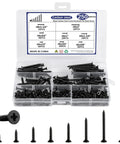 Premium Black Wood Screws Assortment Kit 250 Piece Heavy Duty Carbon Steel Fasteners in organizer box, various sizes for projects.
