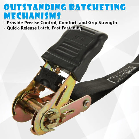 Heavy Duty 1 Inch Ratchet Straps 4 Pack With Durable Hooks 20 Foot Tie Downs showing ratchet mechanism with quick-release latch.