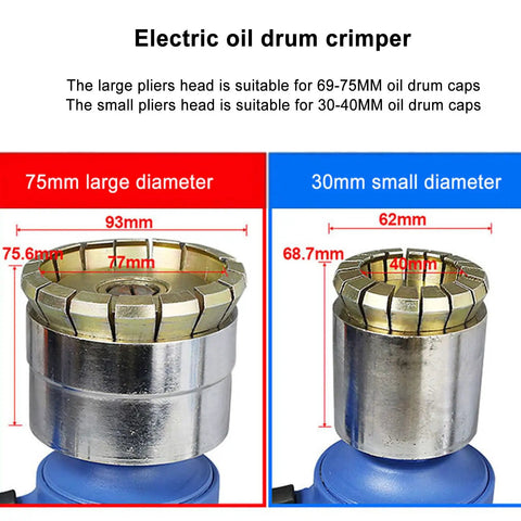 Electric oil drum crimper with 75mm and 30mm heads, suitable for sealing different barrel cap sizes for versatile use.