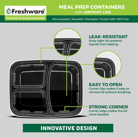 Grab And Go Meal Prep Containers 50 Pack With 3 Compartments 24 Oz Each Bento Boxes BPA Free with airtight lids details