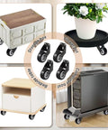 Anti Sag Gate Wheel Set For Wooden Doors And Gates shown with storage box, flower pot, bedside table, and computer host on wheels