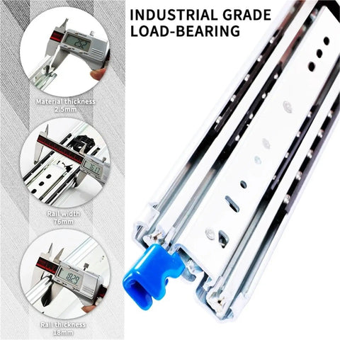 Beefy Heavy Duty Drawer Slides 10 To 60 Inches, 500 Pound Load Capacity, Side Mount, Smooth Silent Operation, Rust Resistant Steel With Ball Bearing Rollers, Electroplated And Powder Coated Finish showing 18mm rail thickness