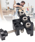 Rock Solid 3 In 1 Pocket Hole Jig Kit And Doweling Guide with black anodized aluminum frame for woodworking.