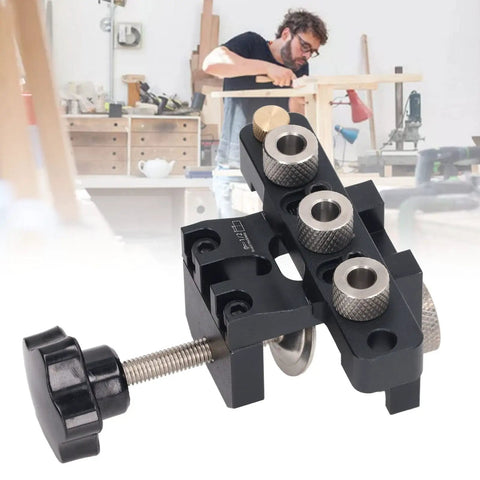 Rock Solid 3 In 1 Pocket Hole Jig Kit And Doweling Guide with black anodized aluminum frame for woodworking.