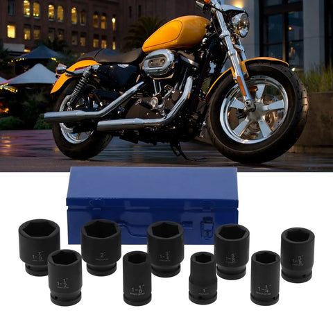 Top Tier 9PC Deep Impact Socket Set With 6 Point Grip For Heavy Duty Auto Repair Jobs That Won`t Slip Or Rust And Get The Job Done Right Away Today, 9 black deep sockets with blue metal case