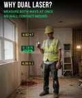 Construction worker using Dual Laser Distance Measuring Tool with Angle Sensor and Level Bubble from Anywhere in the Room.