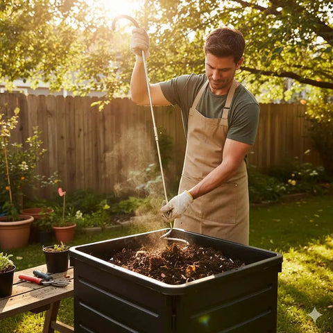 Person using Premium Compost Aerator And Turning Tool For Garden Soil Mixers, Stainless Steel Build With Ergonomic Polyamide Handle