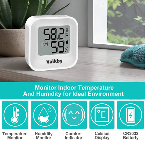 4 Pack Digital Hygrometer And Indoor Thermometer For Home And Nursery, Accurate Room Temperature Monitor With Humidity Sensor, Easy Emoji Display For Quick Readouts And Enhanced Comfort In Any Space. White digital hygrometer on windowsill with temperature and humidity readout