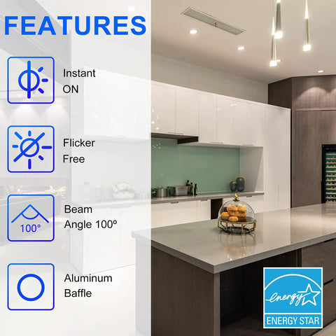 Modern kitchen with 10 Pack 660LM Dimmable LED Recessed Can Lights 4 Inch Downlight 10W Equals 75W 2700K Soft White features listed