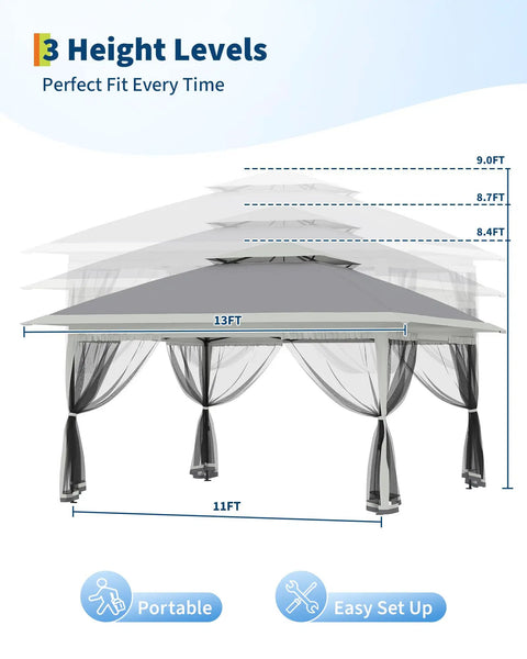 Diagram showing 13x13 Ft Pop Up Gazebo With Mosquito Netting For Backyard Patio Or Deck One Push Center Lock Quick Setup.