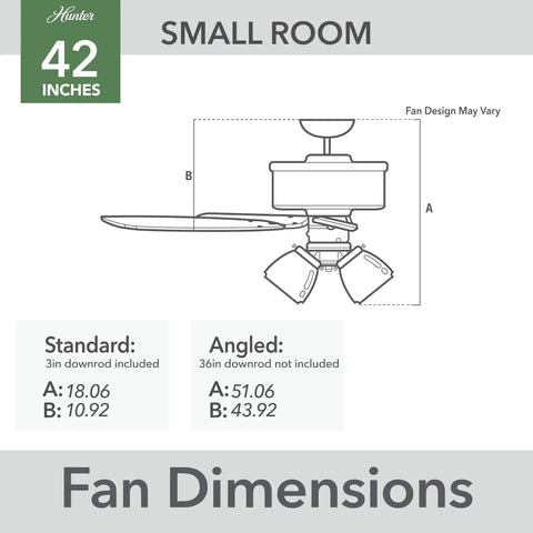 Diagram of fan dimensions for 42 Inch Indoor Ceiling Fan With LED Lights And Pull Chain White Five Blade Ceiling Fan For Cozy Bedroom Or Living Room Standard Mount No Remote Includes Bulbs Whisper Quiet Motor For Ultra Powerful Airflow And Low Noise